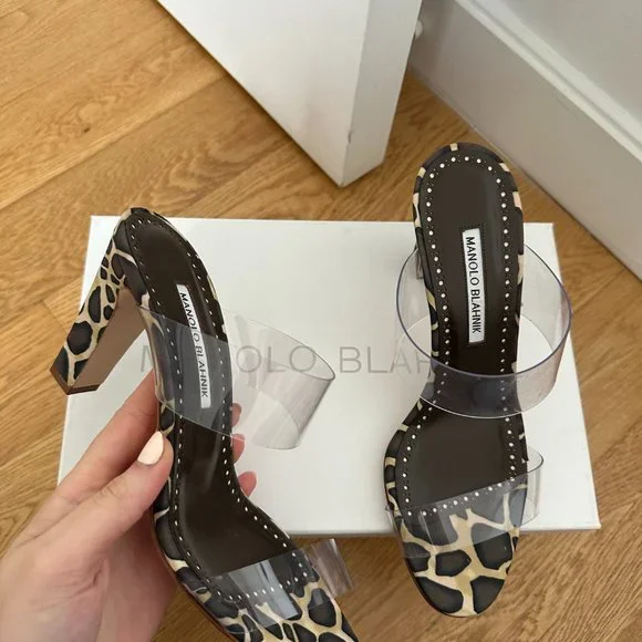 ❌SOLD❌NWT Manolo Blahnik Scolto Slip-on Mules Sz 40 Clear ECO PVC Leopard Print - Picture 7 of 12